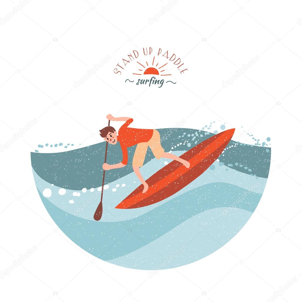 Stand Up Paddle Surfing. Young boy rides on blue wave.