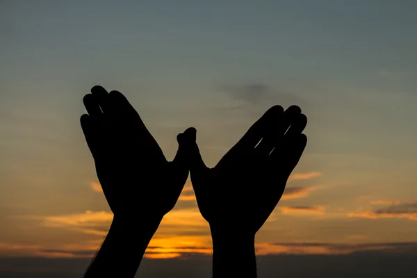 Две руки человека, образующие голубя мира на фоне неба — стоковое фото