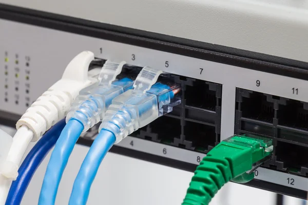 Rete locale un paio di doppi cavi Ethernet sul pannello interruttore — Foto Stock