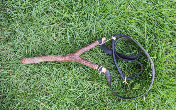 Рогатка на зеленом фоне травы
