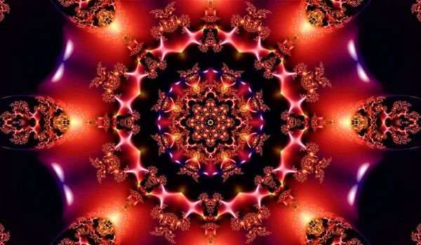 Kırmızı camlı, fraktal süslemeli ve aydınlatmalı güzel bir mandala sahip soyut bir arka plan.
