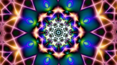 Neon ışıkta çok renkli soyut arkaplan. İç içe geçmiş ışınlar ve merkezde fraktal çiçek var.
