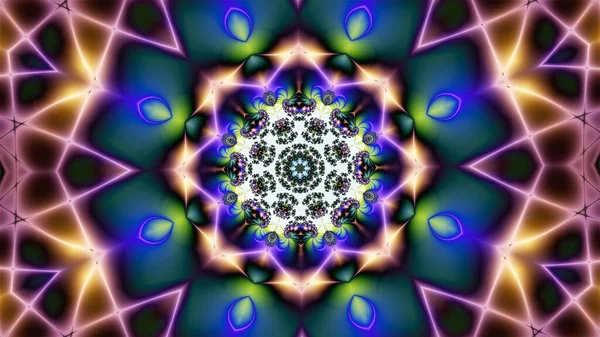 Neon ışıkta çok renkli soyut arkaplan. İç içe geçmiş ışınlar ve merkezde fraktal çiçek var.