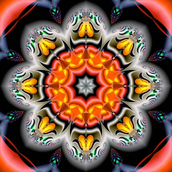  Dairesel fraktal bir süsten ve kompozisyonun ortasındaki yıldızlardan güzel soyut mandala deseni.