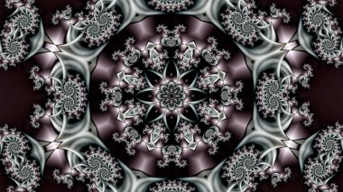 Fraktal spiraller şeklinde dairesel bir süsü ve ortada bir çiçek şeklinde karmaşık bir figürü içeren soyut fraktal arkaplan.