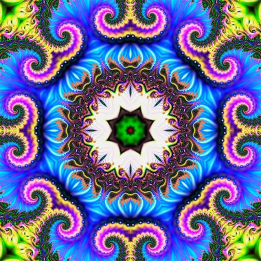 Çok renkli parlak arka plan şablonu güzel fraktal spirallerden ve merkezde bir yıldızdan oluşur.