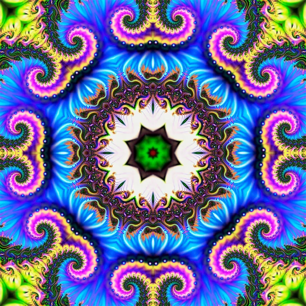 Çok renkli parlak arka plan şablonu güzel fraktal spirallerden ve merkezde bir yıldızdan oluşur.