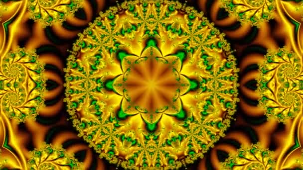 Kalejdoskopowa Transformacja Złotej Mandali Zieloną Ozdobą Fraktalną Różne Formy Kształty — Wideo stockowe