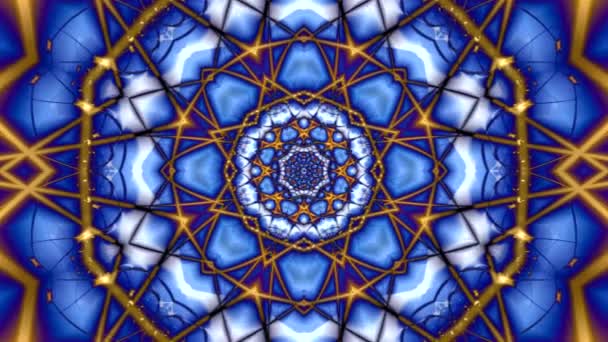 色彩艳丽的抽象背景的万花筒变化 它由光线的交汇和蓝色背景上的构图中心出现的美丽的曼达拉组成 — 图库视频影像