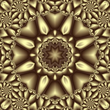 Fraktal spiraller şeklinde dairesel fraktal süsü ve merkezde bir yıldızdan oluşan soyut altın deseni.