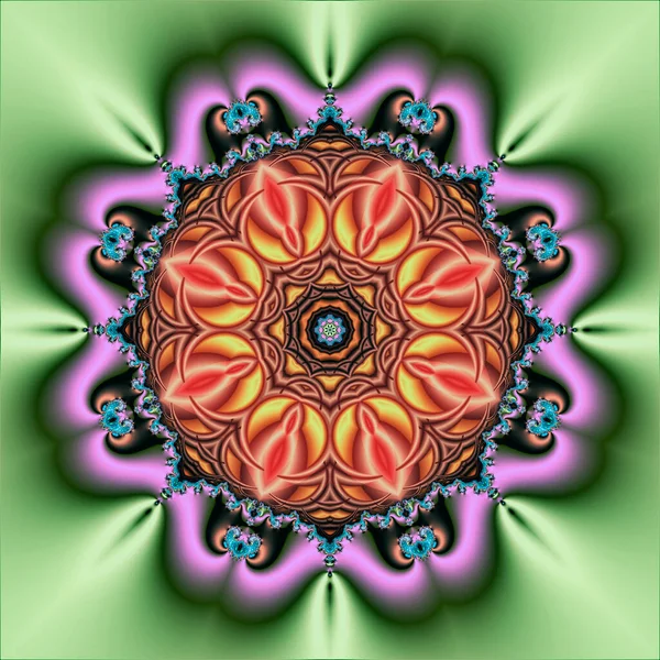 Çok renkli fraktal mandala şeklinde soyut desenli yeşil arkaplanlı ve neon ışıklı.