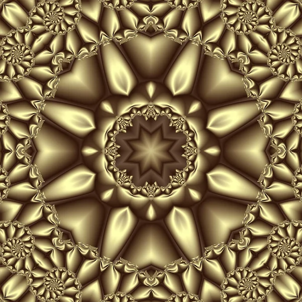 Fraktal spiraller şeklinde dairesel fraktal süsü ve merkezde bir yıldızdan oluşan soyut altın deseni.
