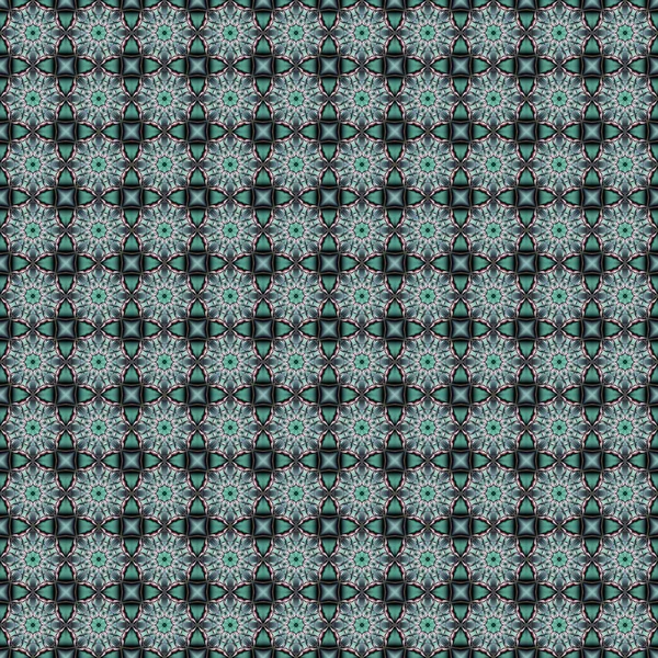 Yeşil arkaplanda geometrik sırayla birleştirilmiş güzel fraktal süsleme ile soyut geometrik dikişsiz desen