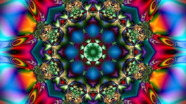 çok renkli parlak bir soyut arkaplan animasyonu. Merkezinde güzel bir süs ve çiçek bulunan çeşitli fraktal desenleri var.