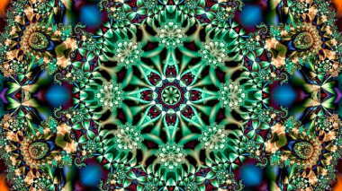 Değişik dairesel soyut bir desen ve merkezde bir çiçekten oluşan yaratıcı fraktal renkli arkaplan