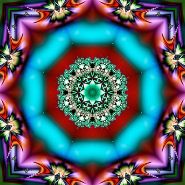 Çerçeve şeklinde soyut bir süsten ve merkezde bir yıldızdan oluşan fraktal bir arkaplan.