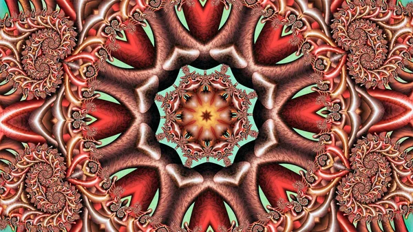 Çok renkli dairesel fraktal süslemeden bir bilgisayar masaüstü için parlak soyut duvar kağıdı ve merkezinde bir yıldız olan yaratıcı bir figür.