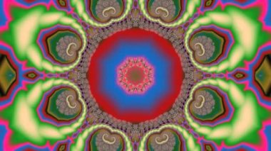 Yıldızlar ve çiçekler şeklinde çeşitli fraktal desenlerde kaleydoskopik bir değişimle parlak, soyut bir süslemenin canlandırılması