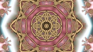 animation of a beautiful bronze and pink colored mandala on a blue background with a kaleidoscopic transformation of various fractal ornament into geometric shapes in the form of stars