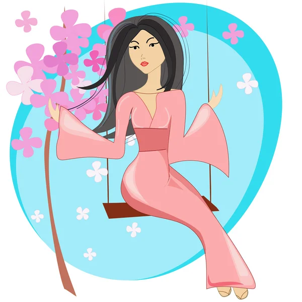 Girl on a swing, a flowering tree — Stock Vector