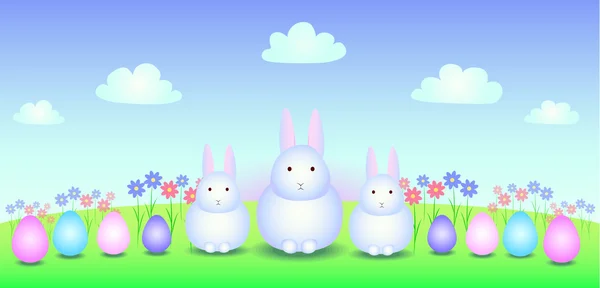 Üç beyaz Paskalya tavşanı sahada — Stok Vektör