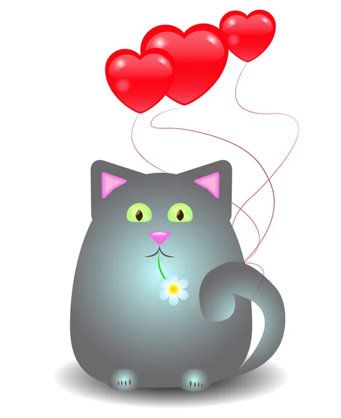 Gato con globos en forma de corazón — Vector de stock