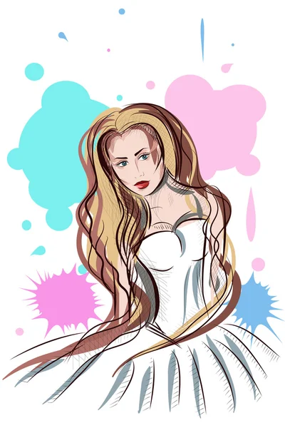 Cabello chica en un vestido blanco — Vector de stock