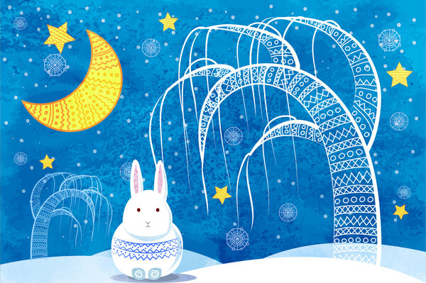 White rabbit and winter landscape