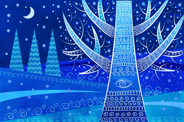 Paisaje de invierno nocturno en colores azules — Vector de stock