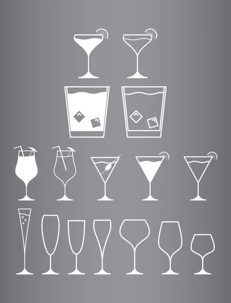 平面图标玻璃威士忌冰马提尼酒管香槟橄榄冷酒杯 — 图库矢量图片