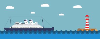   Gemi ve deniz feneri bir afiş ve bir broşür için görüntü ile bir çizimi seyahat vektör cruise liner