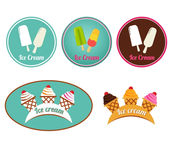 Vector an illustration  set with the image of different types of ice cream flat label.Collection of  badges and icons — Stock Vector