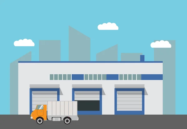 Illustratie met de afbeelding van een magazijn en vrachtwagen — Stockvector