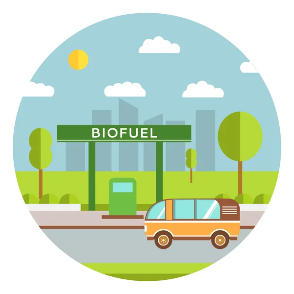 Paisaje con árboles gasolinera y el coche. Bomba de combustible verde plana — Vector de stock