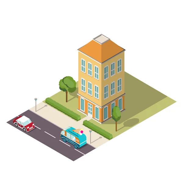 Ilustración isométrica de una casa y un edificio de coches — Vector de stock