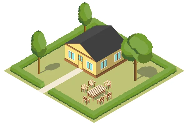 The isometric house with trees the table and chairs.American Cottage, cottage for brochures or leaflets for realtors — стоковый вектор