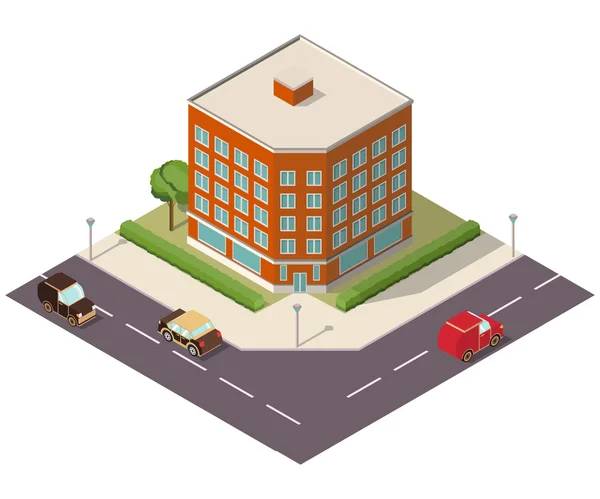 Vector isometric illustration with the image of the house with windows and roads with cars — Stock Vector