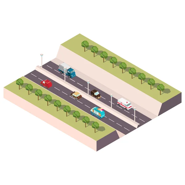 Karayolu arabalar ve ağaçlar ile izometrik illüstrasyon görüntü ile. Vektör izometrik yol. Vektör izometrik Infographic öğesi.