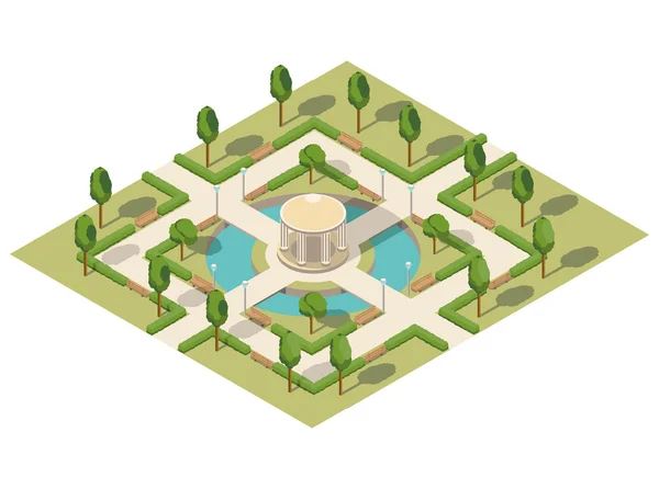 Ilustración isométrica con la imagen del parque con bancos y árboles banco de jardín de lago de agua de hierba. Parque de ciudad . — Vector de stock