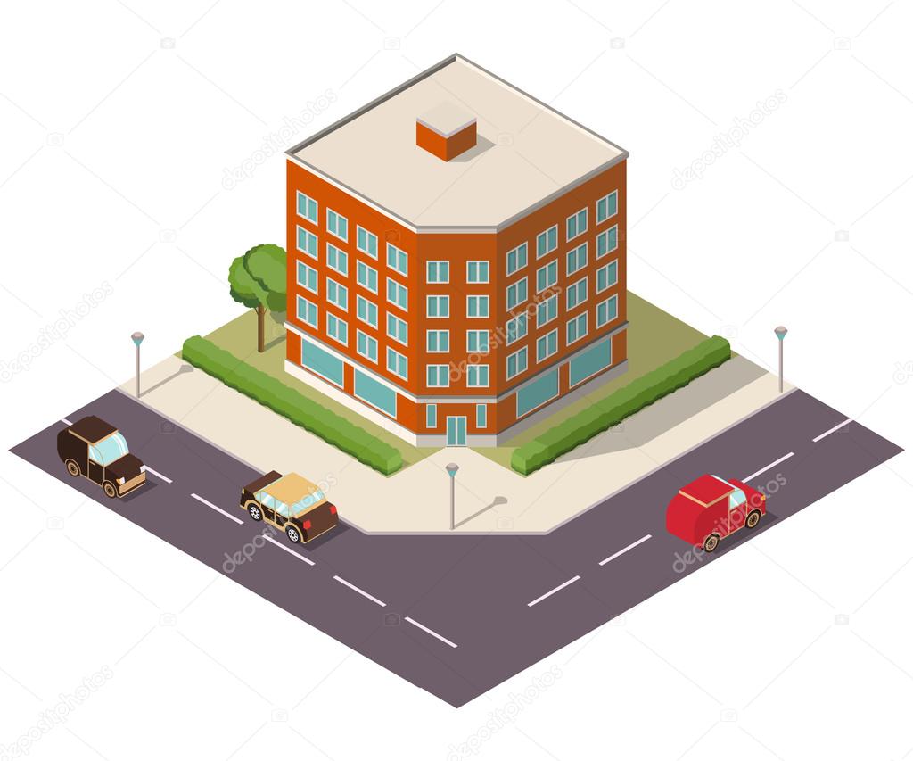 Vector isometric illustration with the image of the house with windows and roads with cars