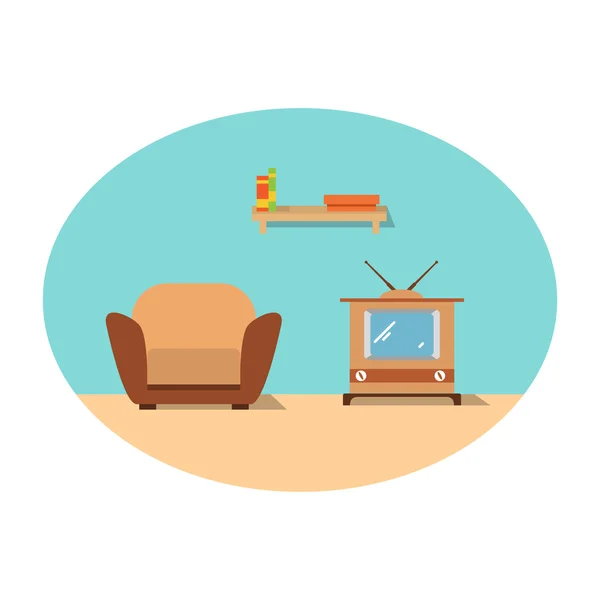 Vektorleilighet med stol, TV og hylle med bøker – stockvektor