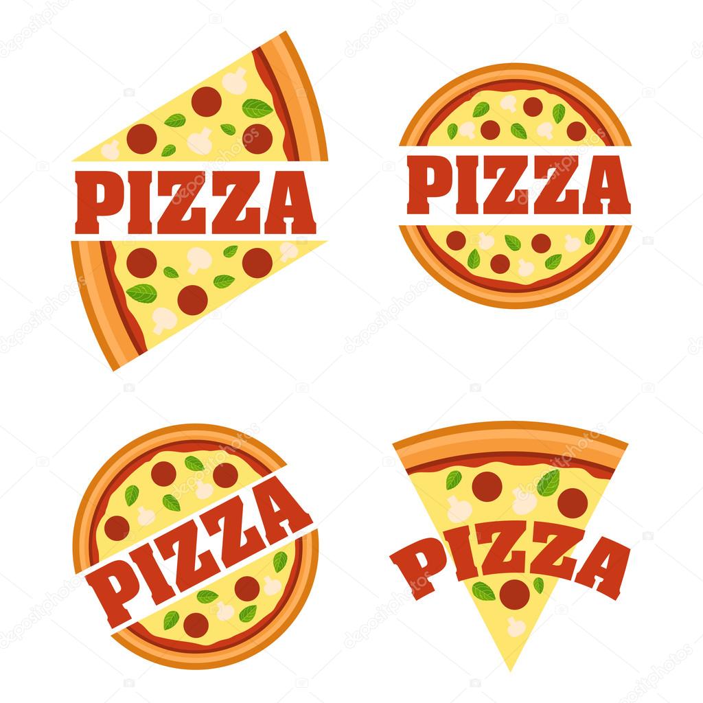 Vector Flat with pieces of pizza and the text.Element of design of a logo, sign, banner, leaflet, booklet, banner of the website of the delivery service.
