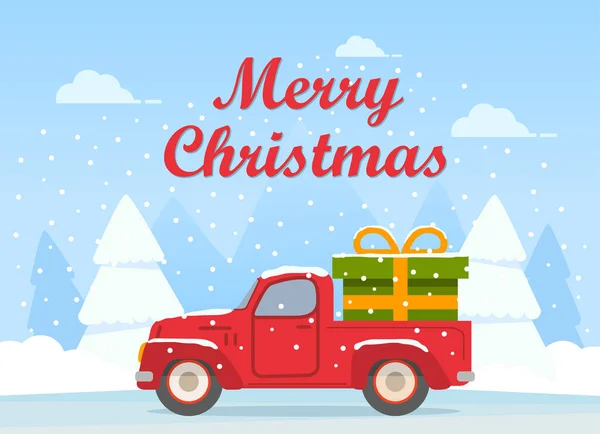 Retro Pickup roter LKW mit grünem Geschenkkarton. Glückliches neues Jahr Postkarte. — Stockvektor