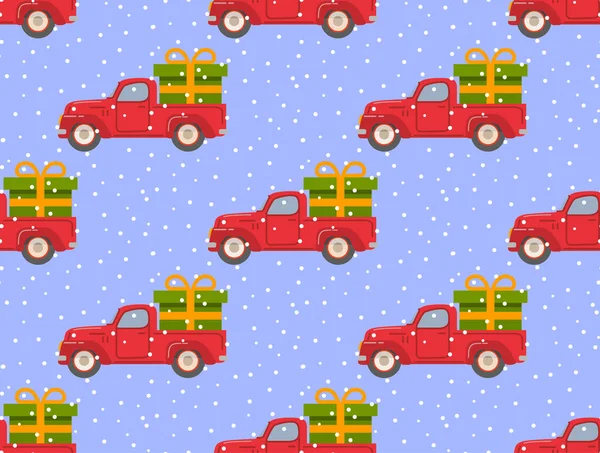 Retro pickup caminhão vermelho com caixa de presente verde. Caindo neve. — Vetor de Stock