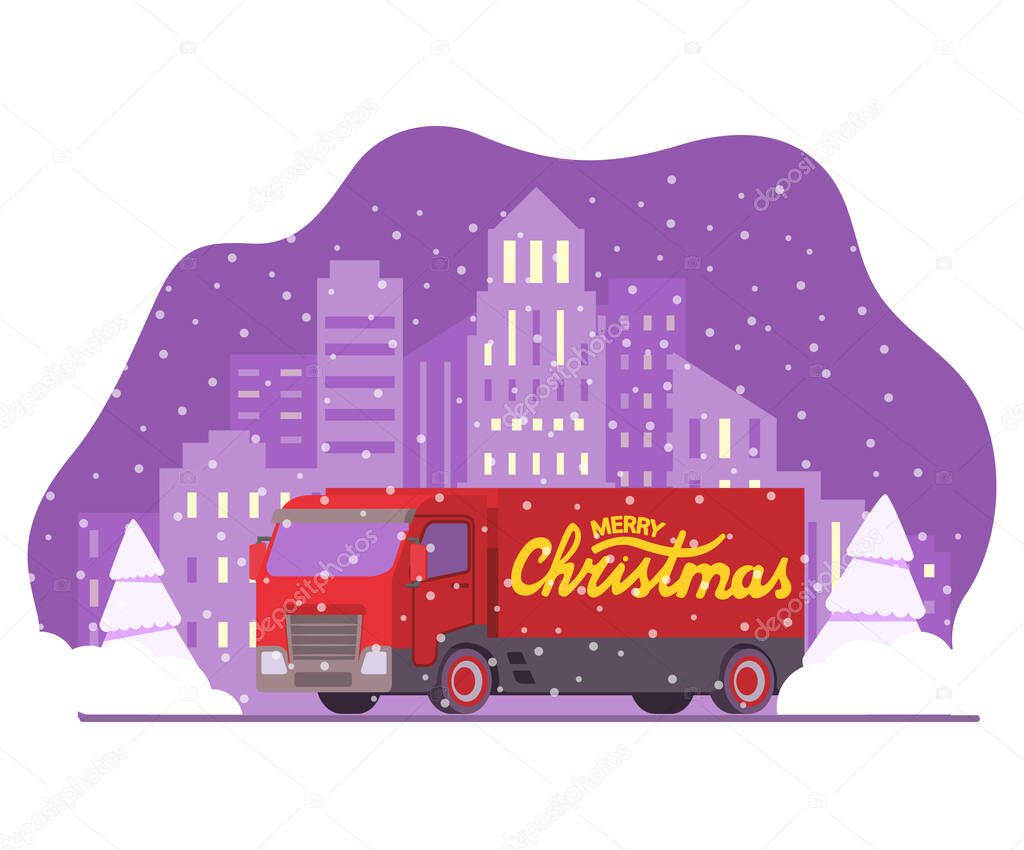 Christmas semi truck delivery .Happy New Year postcard.Winter landscape with snowy fir trees.