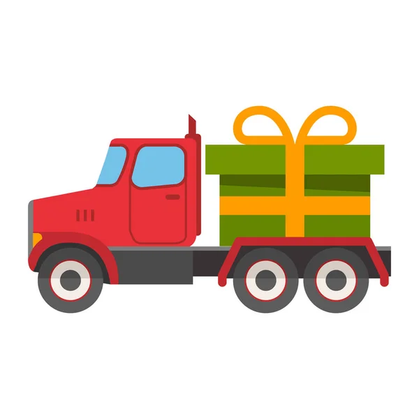 Christmas semi truck with green gift box.Tied gold ribbon bow. — Stock Vector