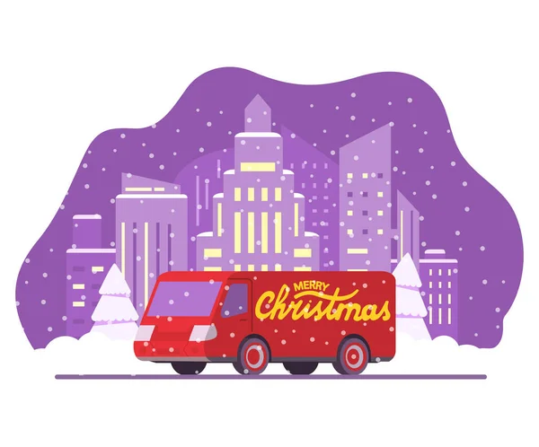 Carro de entrega de Natal. Carrinha de Ano Novo. Inverno Cidade Skyline arranha-céus Paisagem urbana Queda Neve Inverno. — Vetor de Stock