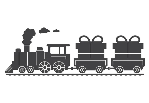 Silhouette noire d'une locomotive à vapeur de Noël avec cadeaux. — Image vectorielle