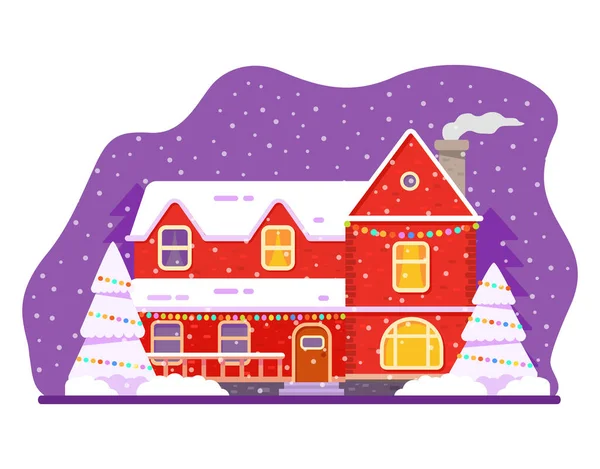 Vánoční fasáda zdobené věnce ve sněhu. — Stockový vektor