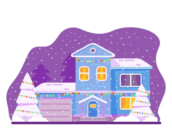 Fasada domu Bożego Narodzenia urządzone girlandy w śniegu opadu.Płaskie wektor ilustracji. — Wektor stockowy